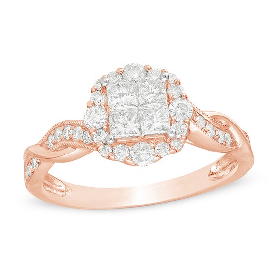 3/4 CT. T.W. Princess-Cut Quad Diamond Frame Twist Shank Vintage-Style Engagement Ring in 10K Rose Gold 3/4 CT. T.W. Princess-Cut Quad Diamond Frame Twist Shank Vintage-Style Engagement Ring in 10K Rose Gold