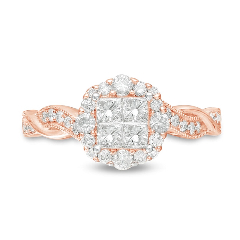 3/4 CT. T.W. Princess-Cut Quad Diamond Frame Twist Shank Vintage-Style Engagement Ring in 10K Rose Gold