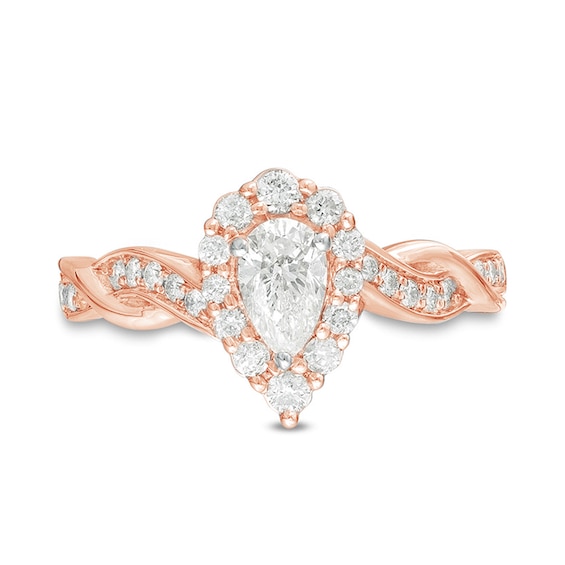 3/4 CT. T.W. Pear-Shaped Diamond Frame Twist Shank Engagement Ring in 10K Rose Gold 3/4 CT. T.W. Pear-Shaped Diamond Frame Twist Shank Engagement Ring in 10K Rose Gold