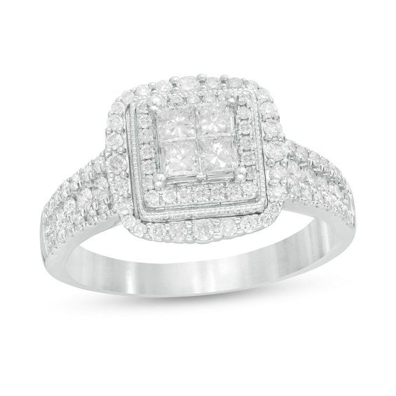 1 CT. T.w. Princess-Cut Quad Diamond Square Frame Engagement Ring in 14K White Gold