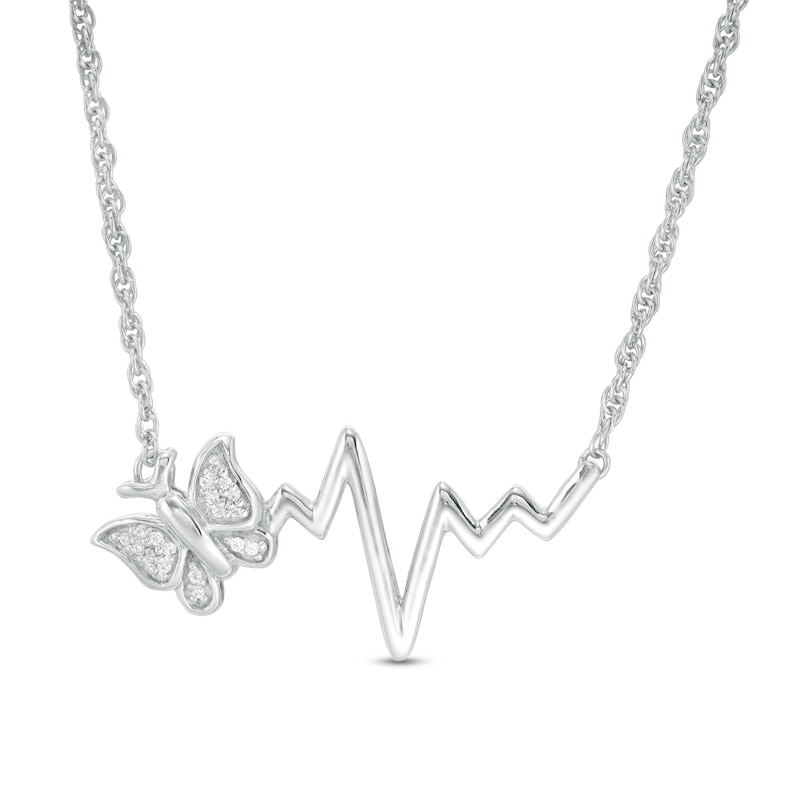 Main Image 1 of 1/20 CT. T.W. Diamond Butterfly Heartbeat Necklace in Sterling Silver