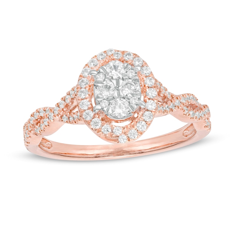 1/2 CT. T.W. Oval Multi-Diamond Frame Twist Shank Ring in 10K Rose Gold