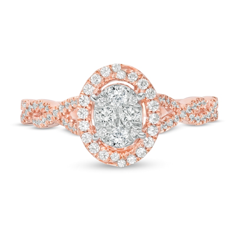 Main Image 4 of 1/2 CT. T.W. Oval Multi-Diamond Frame Twist Shank Ring in 10K Rose Gold