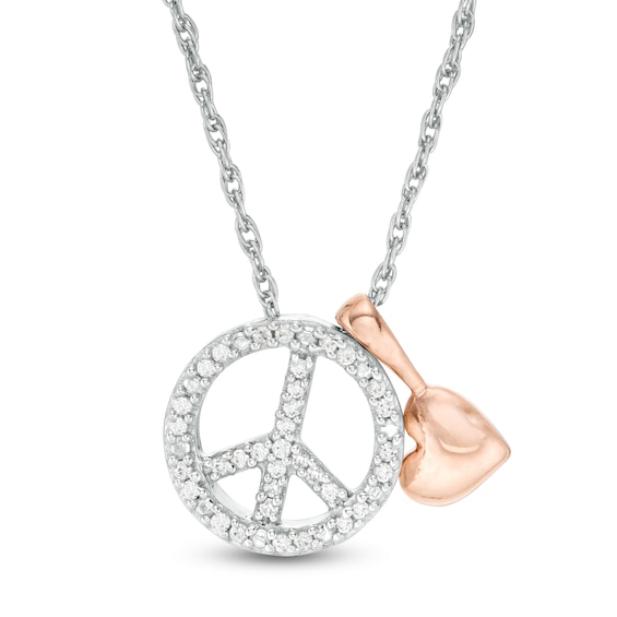 1/10 CT. T.w. Diamond Peace Sign and Puffed Heart Charm Pendant in Sterling Silver and 10K Rose Gold