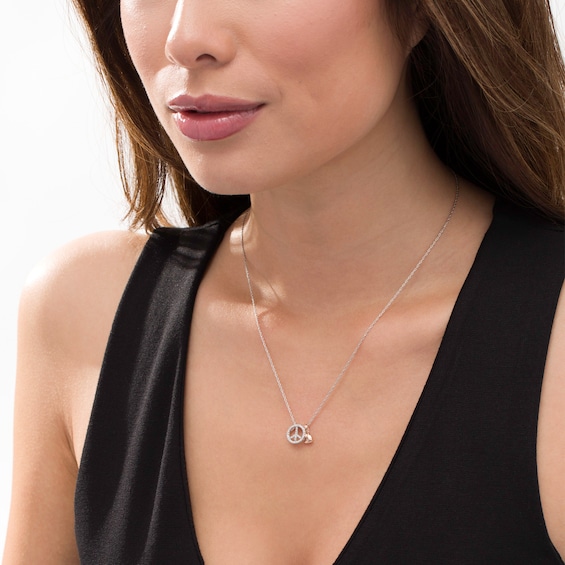 1/10 CT. T.w. Diamond Peace Sign and Puffed Heart Charm Pendant in Sterling Silver and 10K Rose Gold