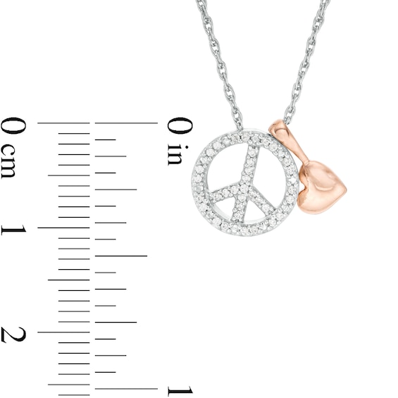 1/10 CT. T.w. Diamond Peace Sign and Puffed Heart Charm Pendant in Sterling Silver and 10K Rose Gold
