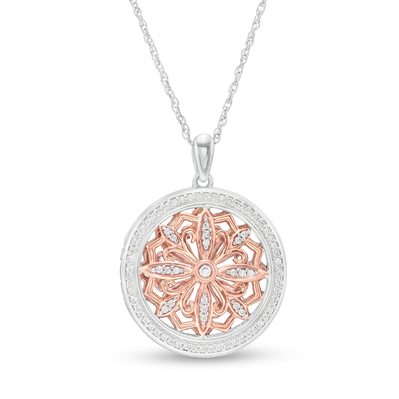 1/4 CT. T.W. Diamond Ornate Flower Locket in Sterling Silver and 10K Rose Gold