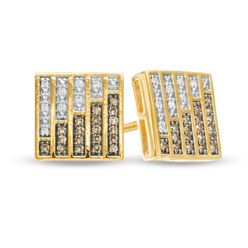 Main Image 1 of Men's 1/4 CT. T.W. Champagne and White Diamond Square Stud Earrings in Sterling Silver with 14K Gold Plate