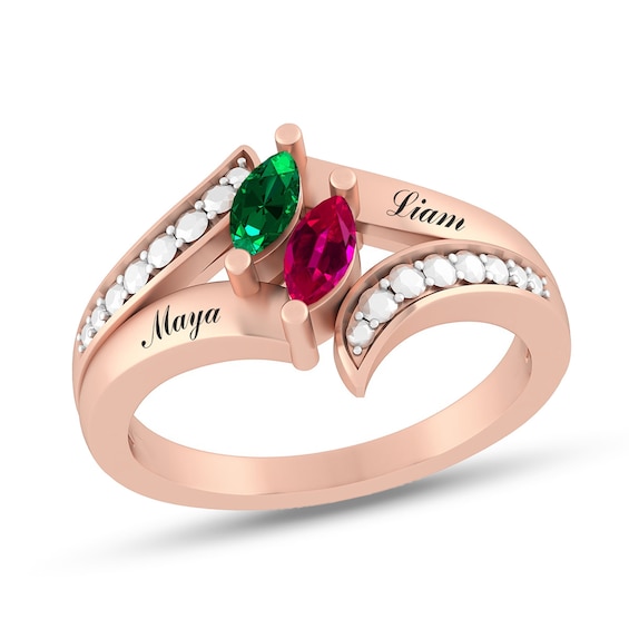 Couple's Marquise Birthstone Engravable and Beaded Bypass Ring (2 Stones and Lines)