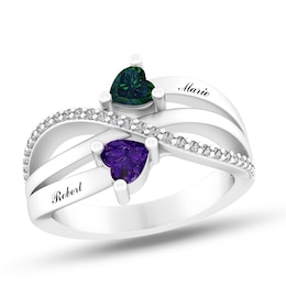 Couple's Heart-Shaped Birthstone and Lab-Created White Sapphire Engravable Wrap Ring (2 Stones and Lines)