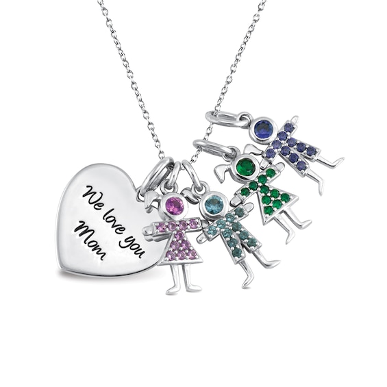 Birthstone Boy or Girl Charm and Engravable Heart Disc Pendant in Sterling Silver by ArtCarved (1-4 Stones and 2 Lines)