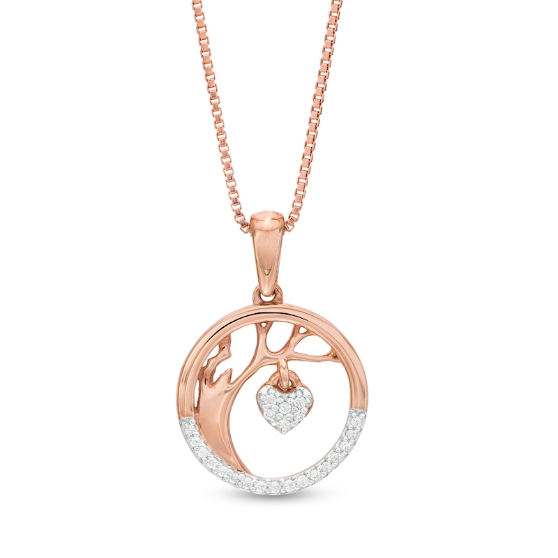 Main Image 1 of 1/20 CT. T.W. Diamond Tree of Life with Heart Charm Circle Pendant in Sterling Silver with 18K Rose Gold Plate