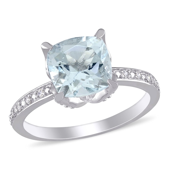 8.0mm Cushion-Cut Aquamarine and 1/20 CT. T.W. Diamond Beaded Floral ...