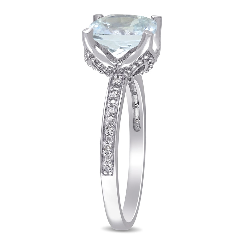 8.0mm Cushion-Cut Aquamarine and 1/20 CT. T.W. Diamond Beaded Floral-Set Ring in 10K White Gold