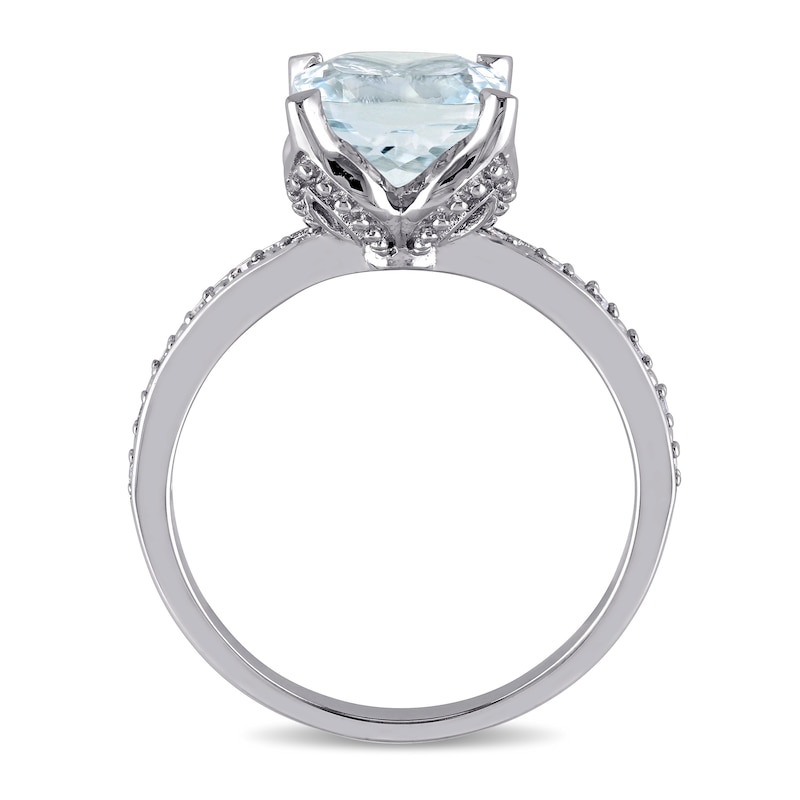 8.0mm Cushion-Cut Aquamarine and 1/20 CT. T.W. Diamond Beaded Floral-Set Ring in 10K White Gold