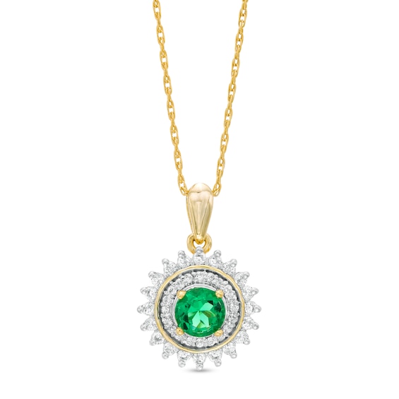 4.8mm Lab-Created Emerald and White Sapphire Sunburst Double Frame Pendant in Sterling Silver with 14K Gold Plate 4.8mm Lab-Created Emerald and White Sapphire Sunburst Double Frame Pendant in Sterling Silver with 14K Gold Plate