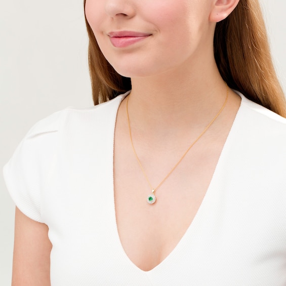 4.8mm Lab-Created Emerald and White Sapphire Sunburst Double Frame Pendant in Sterling Silver with 14K Gold Plate 4.8mm Lab-Created Emerald and White Sapphire Sunburst Double Frame Pendant in Sterling Silver with 14K Gold Plate