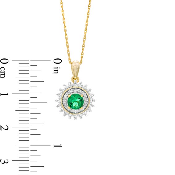 4.8mm Lab-Created Emerald a 4.8mm Lab-Created Emerald and White Sapphire Sunburst Double Frame Pendant in Sterling Silver with 14K Gold Plate