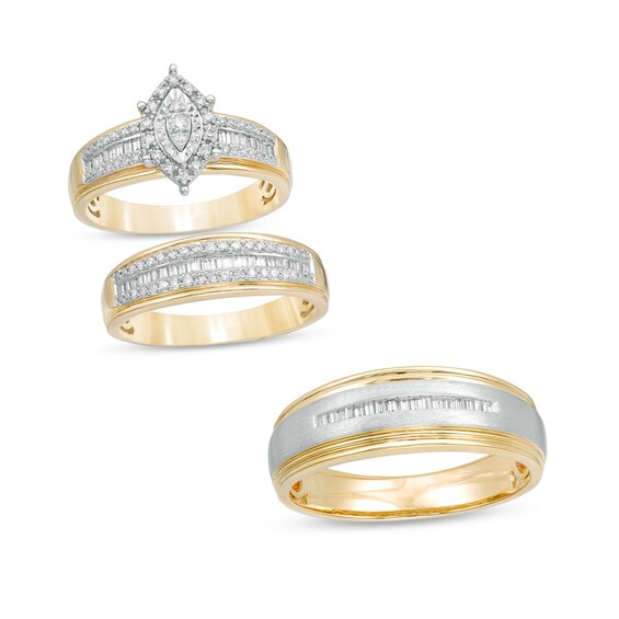 1/2 CT. T.w. Diamond Marquise Frame Wedding Ensemble in 10K Two-Tone Gold - Size 7 and 10