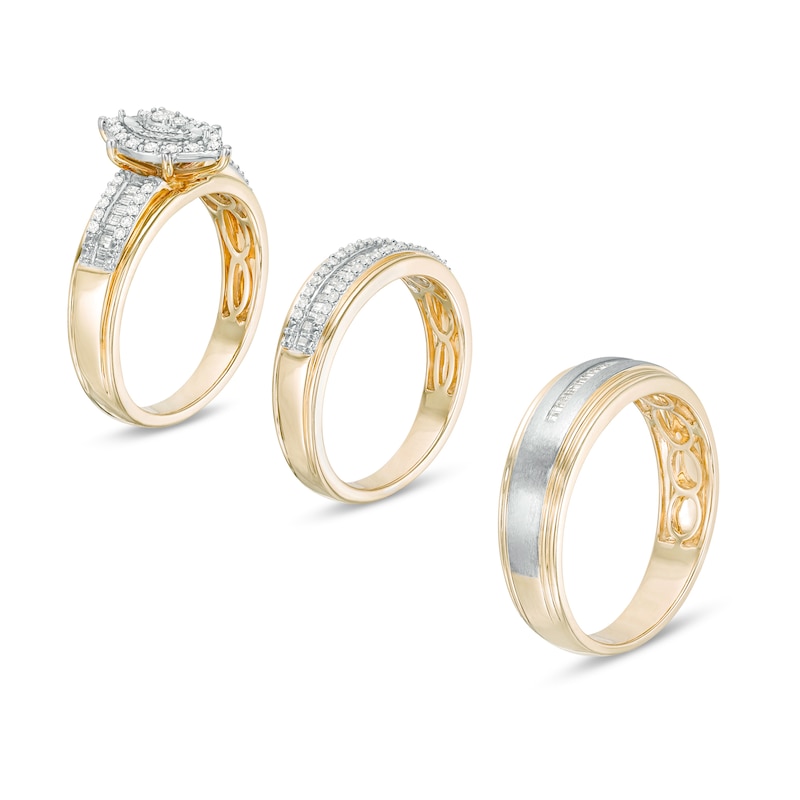 Main Image 4 of 1/2 CT. T.W. Diamond Marquise Frame Wedding Ensemble in 10K Two-Tone Gold - Size 7 and 10