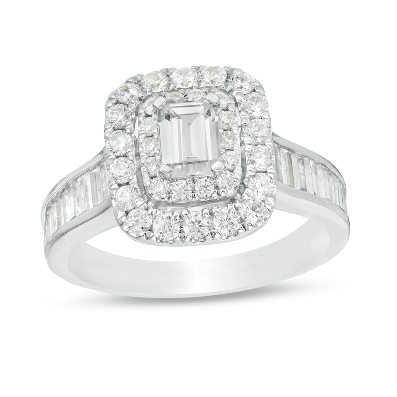 Main Image 1 of 1-3/4 CT. T.W. Certified Emerald-Cut Diamond Double Frame Engagement Ring in 14K White Gold (I/SI2)