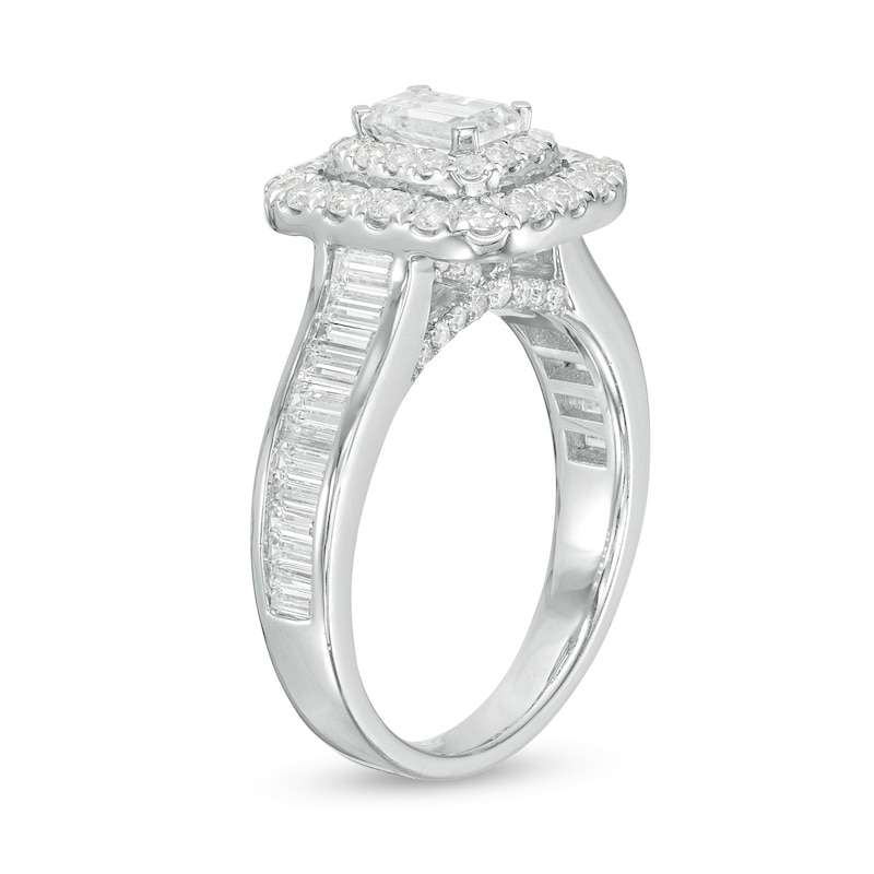 Main Image 3 of 1-3/4 CT. T.W. Certified Emerald-Cut Diamond Double Frame Engagement Ring in 14K White Gold (I/SI2)