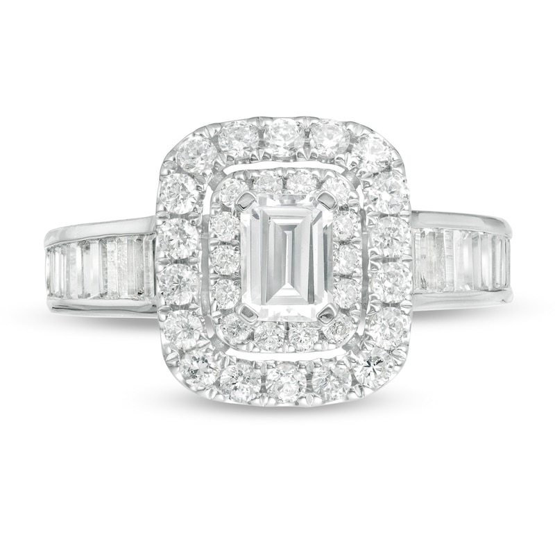 Main Image 4 of 1-3/4 CT. T.W. Certified Emerald-Cut Diamond Double Frame Engagement Ring in 14K White Gold (I/SI2)