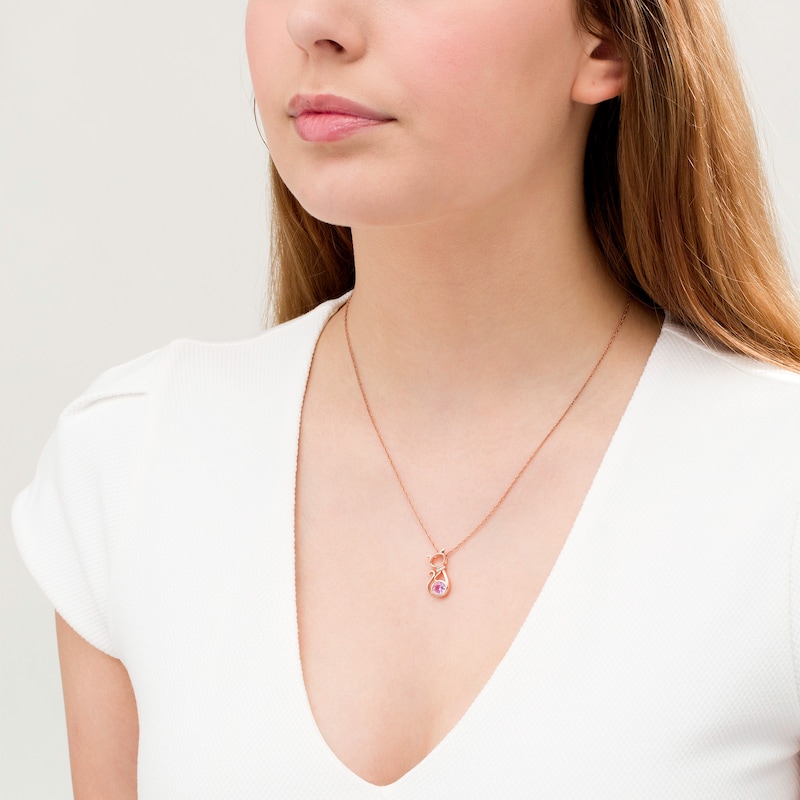 5.0mm Lab-Created Pink and White Sapphire Collar Cat Outline Pendant in Sterling Silver with 14K Rose Gold Plate