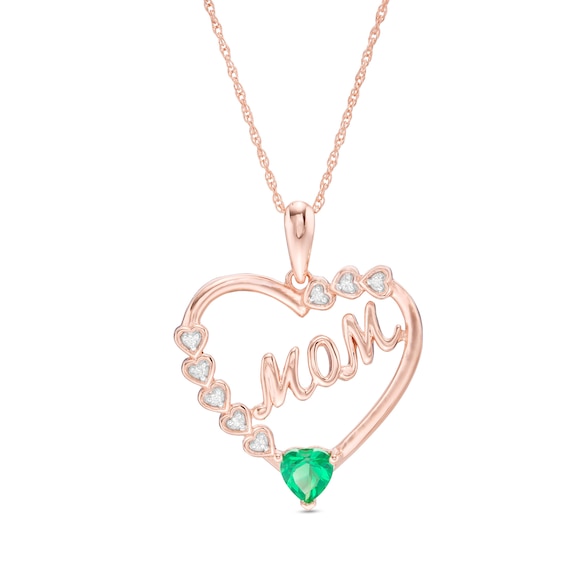 4.0mm Lab-Created Emerald and White Sapphire Mom Heart Frame Pendant in Sterling Silver with 14K Rose Gold Plate