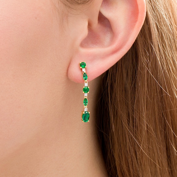 Multi-Shape Lab-Created Emerald and White Sapphire Linear Drop Earrings in Sterling Silver with 14K Gold Plate Multi-Shape Lab-Created Emerald and White Sapphire Linear Drop Earrings in Sterling Silver with 14K Gold Plate