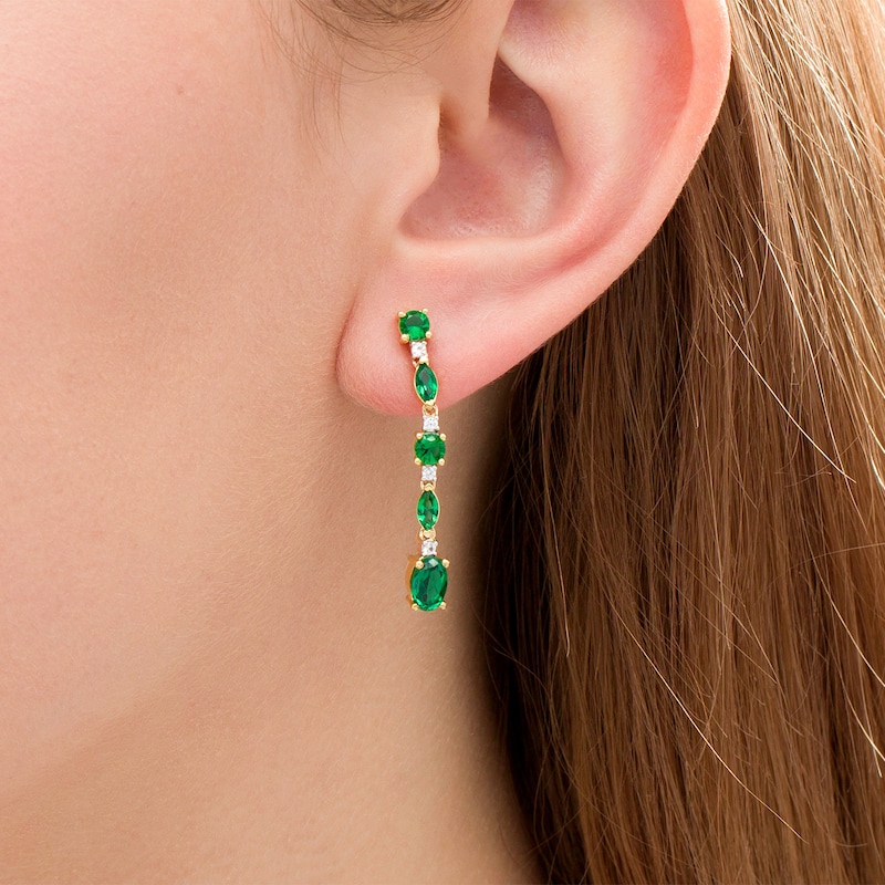 Multi-Shape Lab-Created Emerald and White Sapphire Linear Drop Earrings in Sterling Silver with 14K Gold Plate
