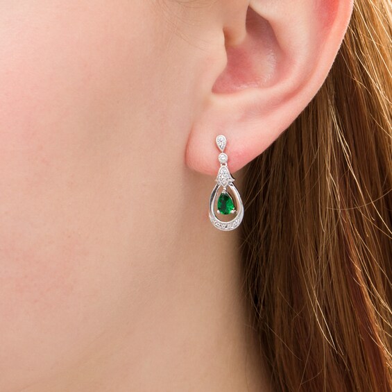 Pear-Shaped Lab-Created Emerald and White Sapphire Open Frame Vintage-Style Drop Earrings in Sterling Silver Pear-Shaped Lab-Created Emerald and White Sapphire Open Frame Vintage-Style Drop Earrings in Sterling Silver