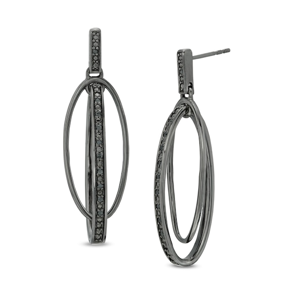 1/10 CT. T.w. Black Diamond Vertical Bar and Oval Drop Earrings in Sterling Silver with Black Rhodium