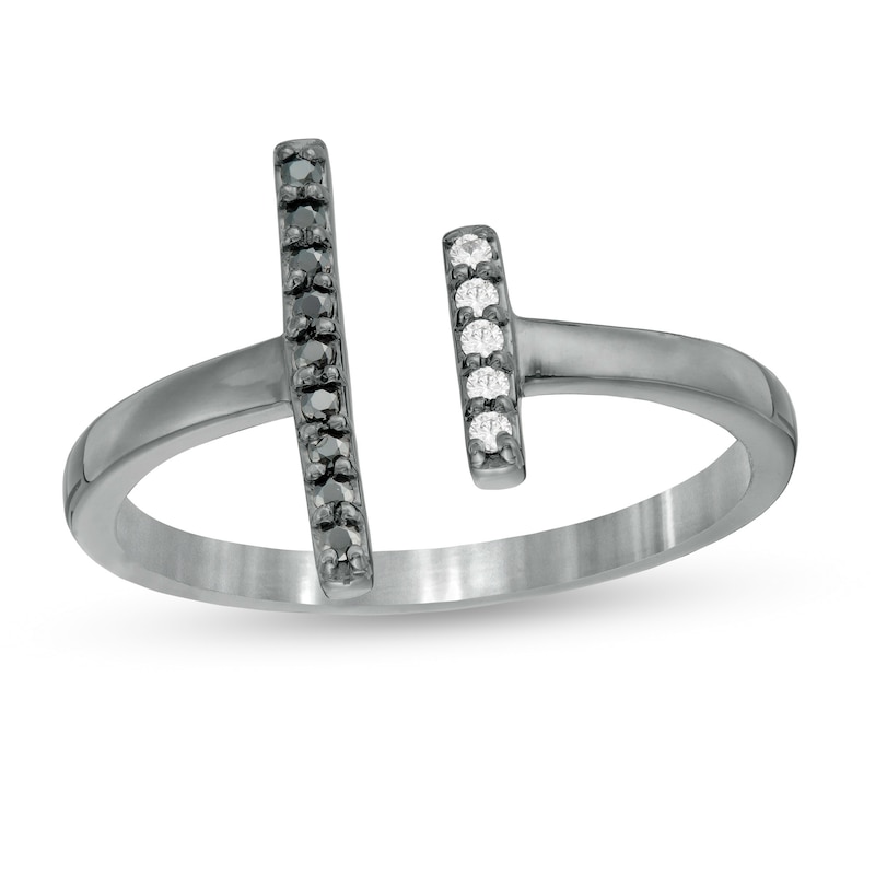 Main Image 1 of 1/10 CT. T.W. Enhanced Black and White Diamond Double Bar Open Ring in Sterling Silver with Black Rhodium