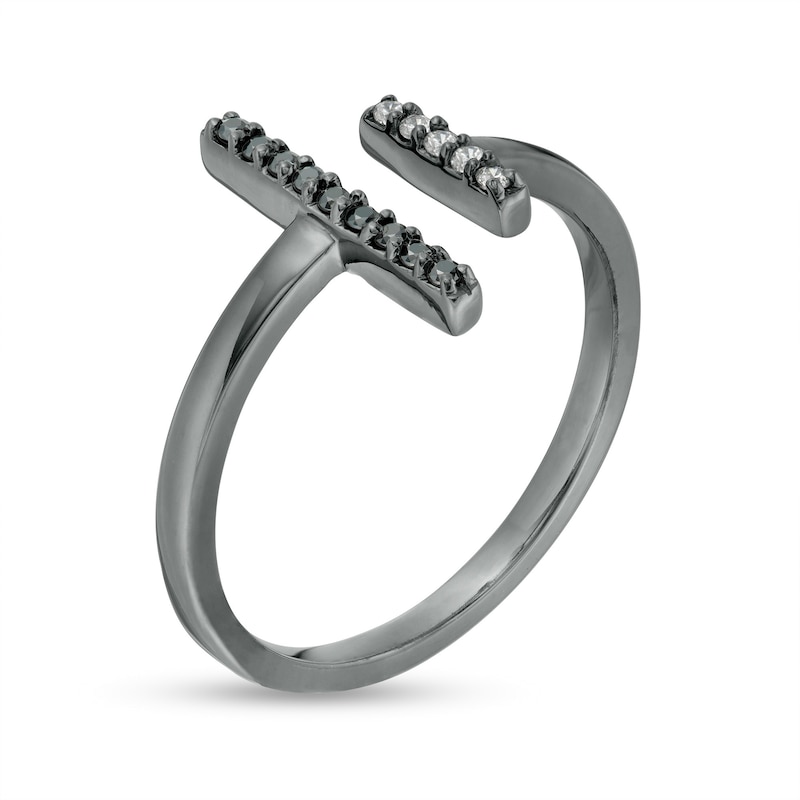 Main Image 3 of 1/10 CT. T.W. Enhanced Black and White Diamond Double Bar Open Ring in Sterling Silver with Black Rhodium