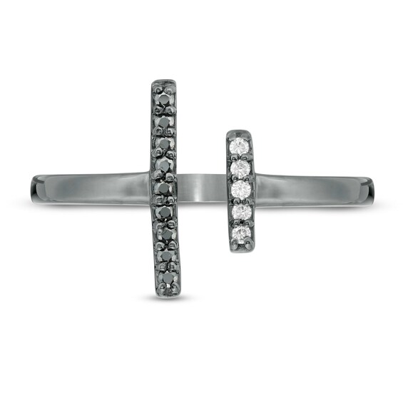 1/10 CT. T.w. Enhanced Black and White Diamond Double Bar Open Ring in Sterling Silver with Black Rhodium