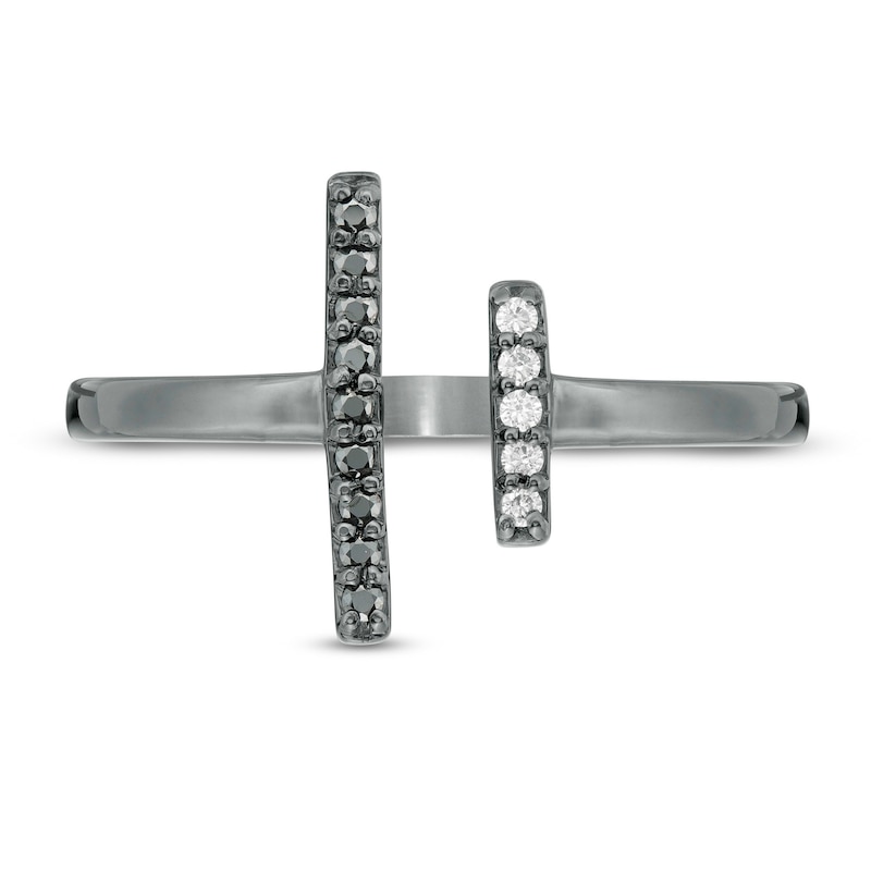Main Image 4 of 1/10 CT. T.W. Enhanced Black and White Diamond Double Bar Open Ring in Sterling Silver with Black Rhodium