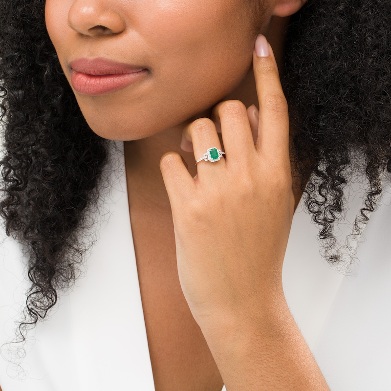 Main Image 2 of Emerald-Cut Emerald and 1/6 CT. T.W. Diamond Frame Collar Ring in 14K White Gold
