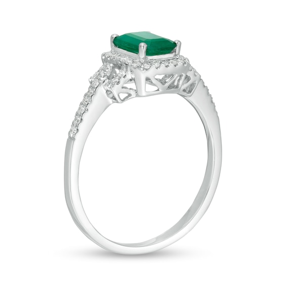Emerald-Cut Emerald and 1/6 CT. T.w. Diamond Frame Collar Ring in 14K White Gold