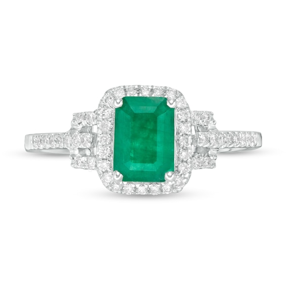 Emerald-Cut Emerald and 1/6 CT. T.w. Diamond Frame Collar Ring in 14K White Gold