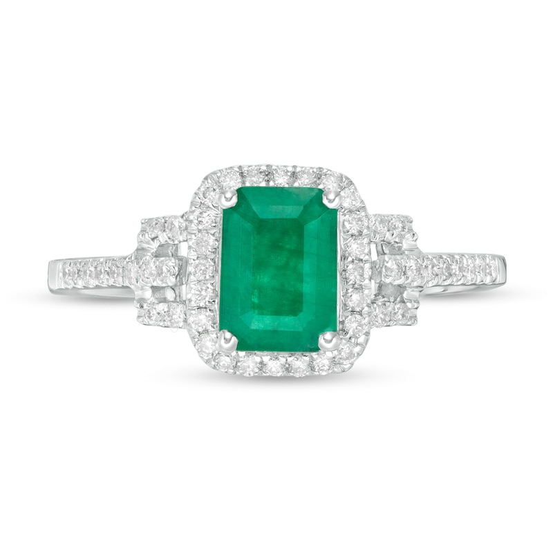 Main Image 4 of Emerald-Cut Emerald and 1/6 CT. T.W. Diamond Frame Collar Ring in 14K White Gold