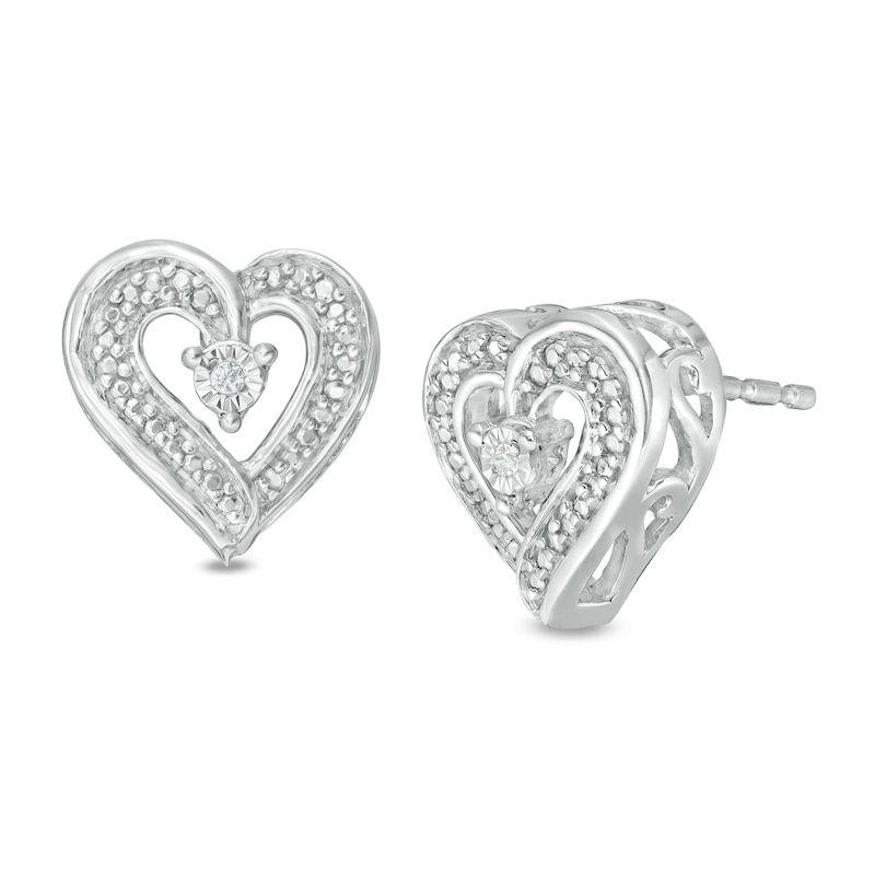 Main Image 1 of Diamond Accent Beaded Heart Stud Earrings in Sterling Silver