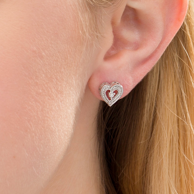 Main Image 2 of Diamond Accent Beaded Heart Stud Earrings in Sterling Silver