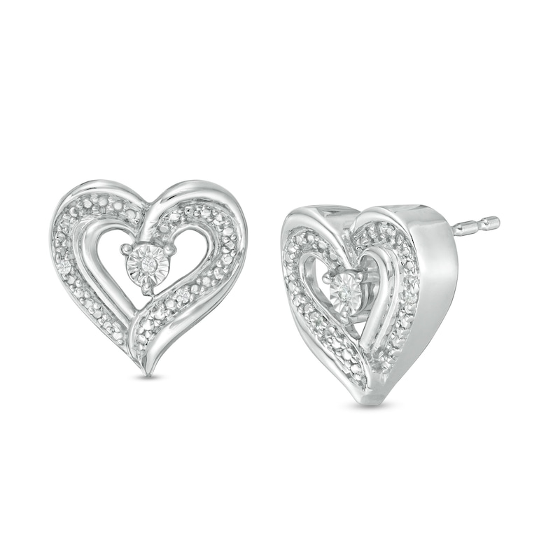Main Image 1 of Diamond Accent Beaded Ribbon Heart Stud Earrings in Sterling Silver