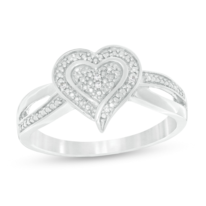 Diamond Accent Beaded Heart Split Shank Ring in Sterling Silver | Zales