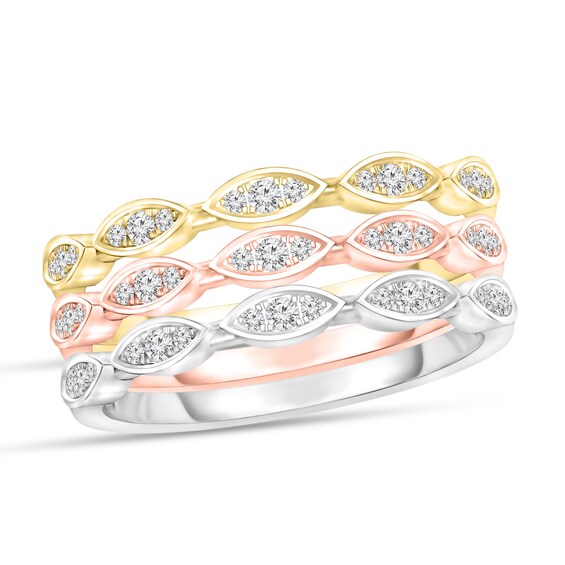1/3 CT. T.W. Marquise Composite Diamond Three Piece Stackable Ring Set in Sterling Silver with 18K Two-Tone Gold Plate 1/3 CT. T.W. Marquise Composite Diamond Three Piece Stackable Ring Set in Sterling Silver with 18K Two-Tone Gold Plate