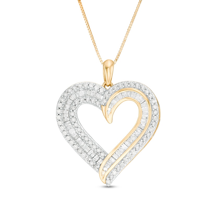 Main Image 1 of 1 CT. T.W. Baguette and Round Diamond Double Row Heart Pendant in 10K Gold