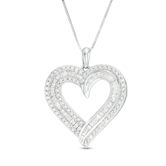 1 CT. T.w. Baguette and Round Diamond Double Row Heart Pendant in 10K White Gold