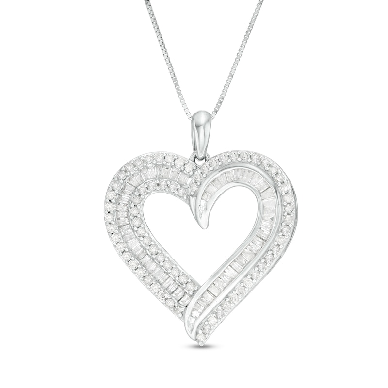 1 CT. T.W. Baguette and Round Diamond Double Row Heart Pendant in 10K White Gold