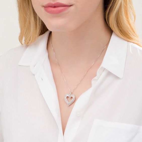 1 CT. T.w. Baguette and Round Diamond Double Row Heart Pendant in 10K Gold